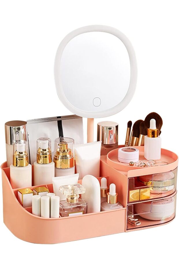 Makeup Organizer with Rechargeable LED Mirror & 2 Drawers
