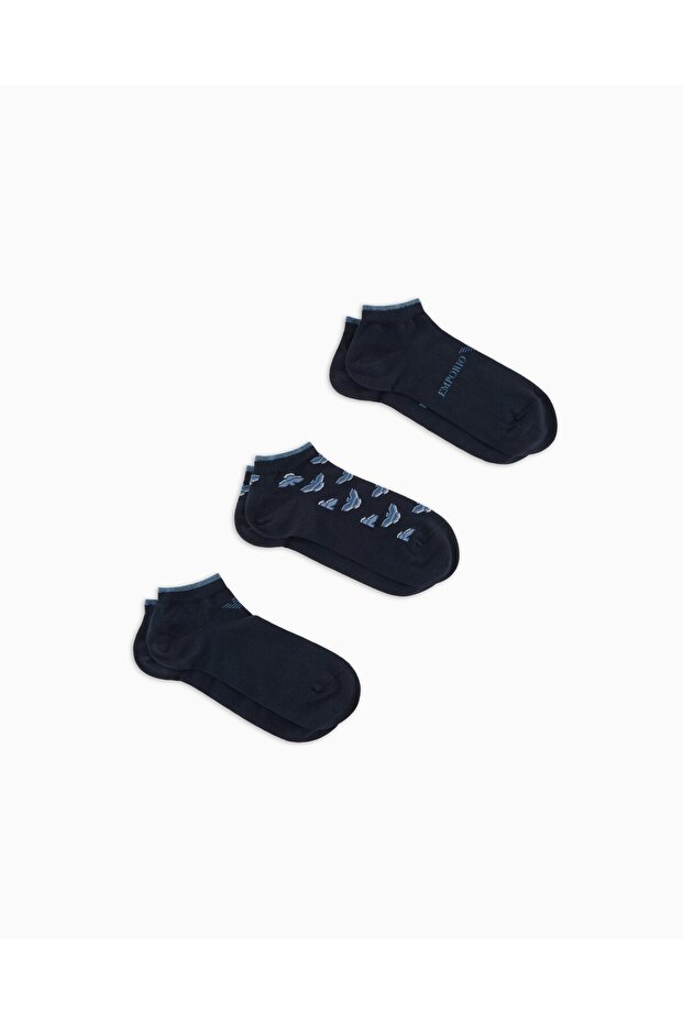 Men's Flexible Cotton Fabric Ankle-Length Jacquard 3-Piece Blue Socks