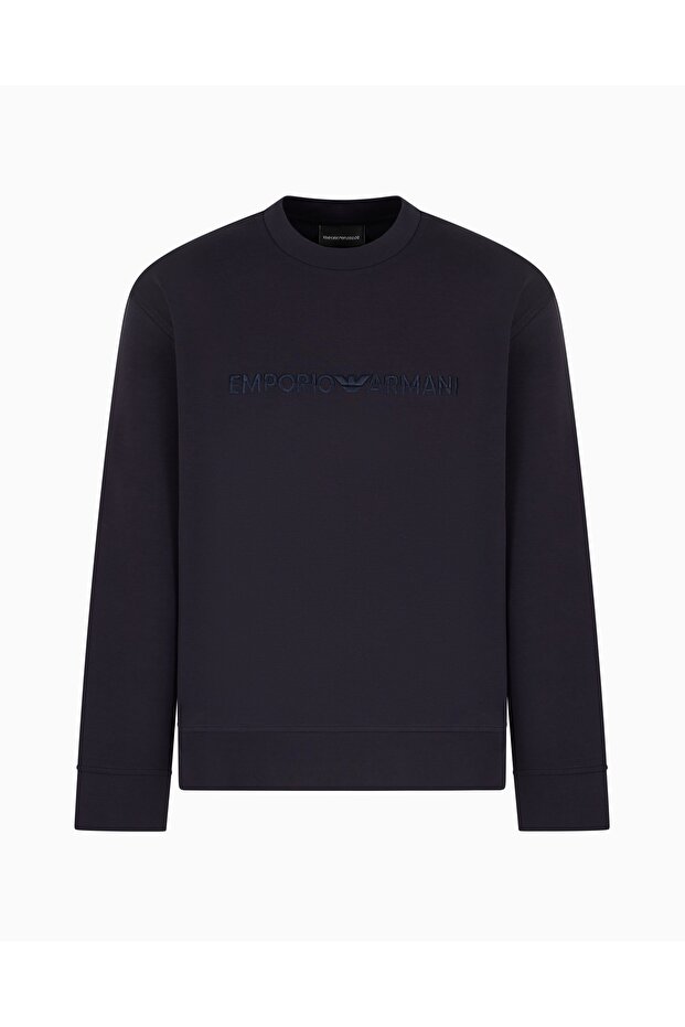 Men's Woven Fabric Regular Fit Round Neck Long Sleeve Navy Blue Sweatshirt