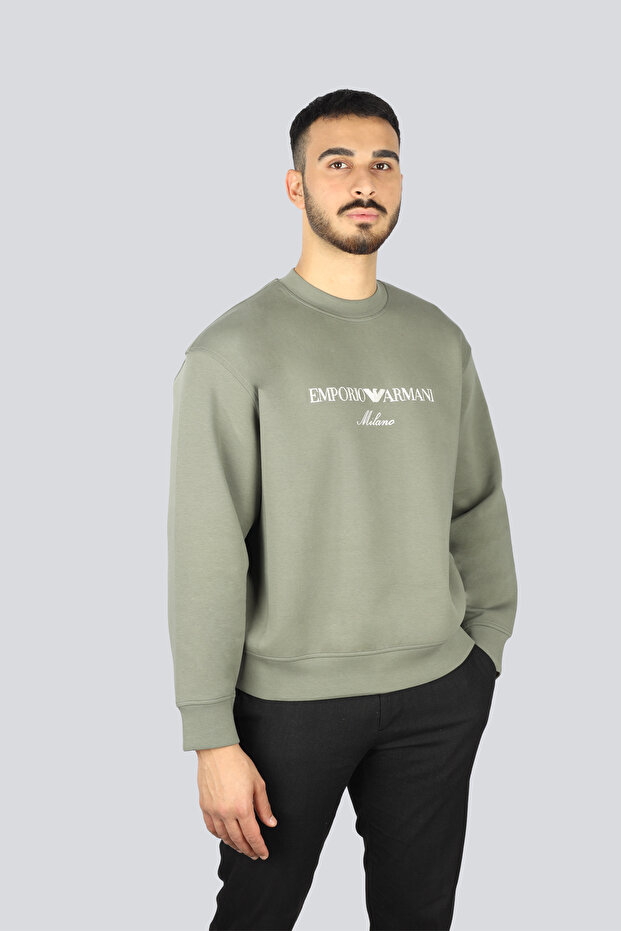 Men's Round Neck Regular Fit Woven Fabric Printed Long Sleeve Khaki Sweatshirt