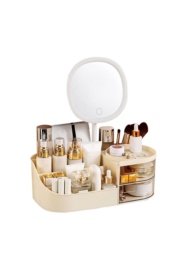 Makeup Organizer with Rechargeable LED Mirror & 2 Drawers