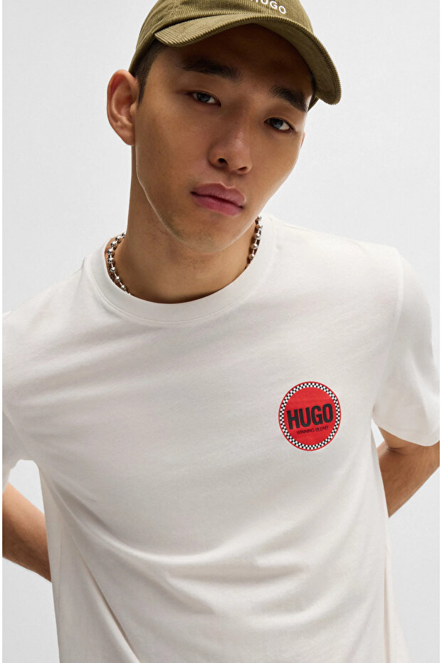 Erkek Regular Fit Yuvarlak Yaka Göğsünde Yuvarlak Logo Desenli Kısa Kollu Beyaz T-Shirt - 4