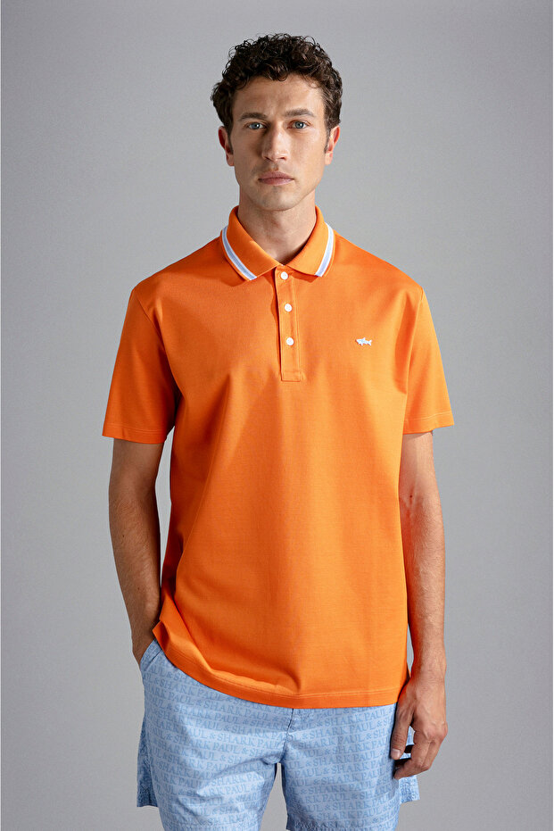 Men's Cotton Polo Collar Button Closure Short Sleeve Orange Polo Collar T-Shirt