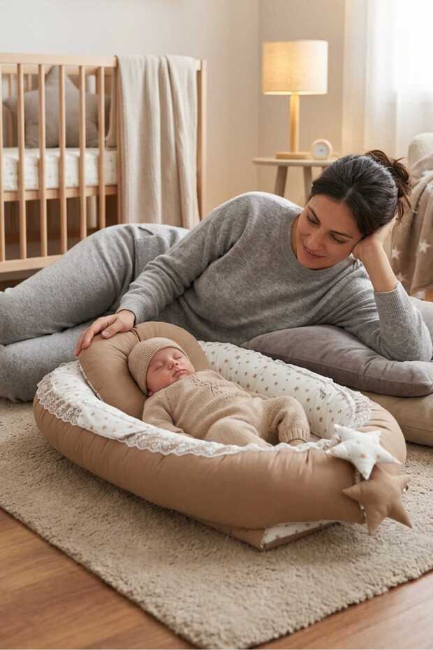 Babynest, Baby Sleeping Bed, Bed - 0-2 Years - Cotton Fabric - Kahve Yıldız