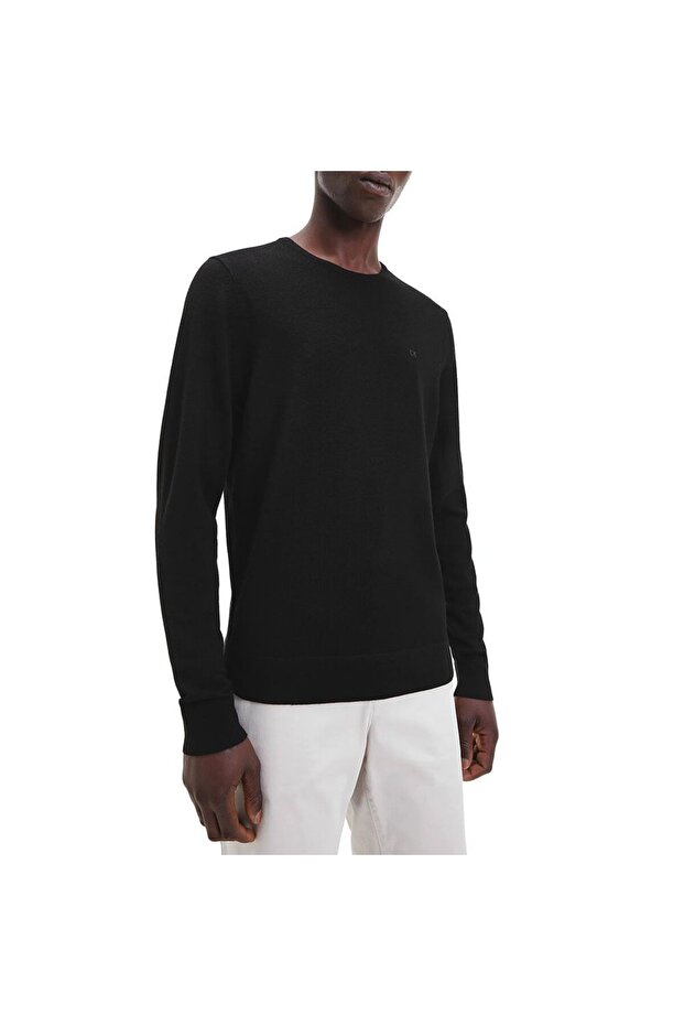 Men's 100% Wool Brand Logo Long Sleeve Crew Neck Black Sweatshirt