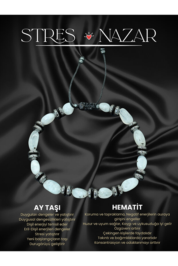 Certified Moonstone and Hematite Natural Stone Bracelet - Stress & Evil Eye & Emotional Balance