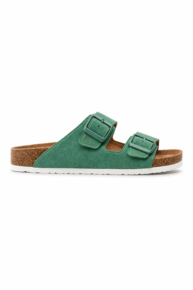 Leather Powder Stitched Summer, Casual Slippers - Green