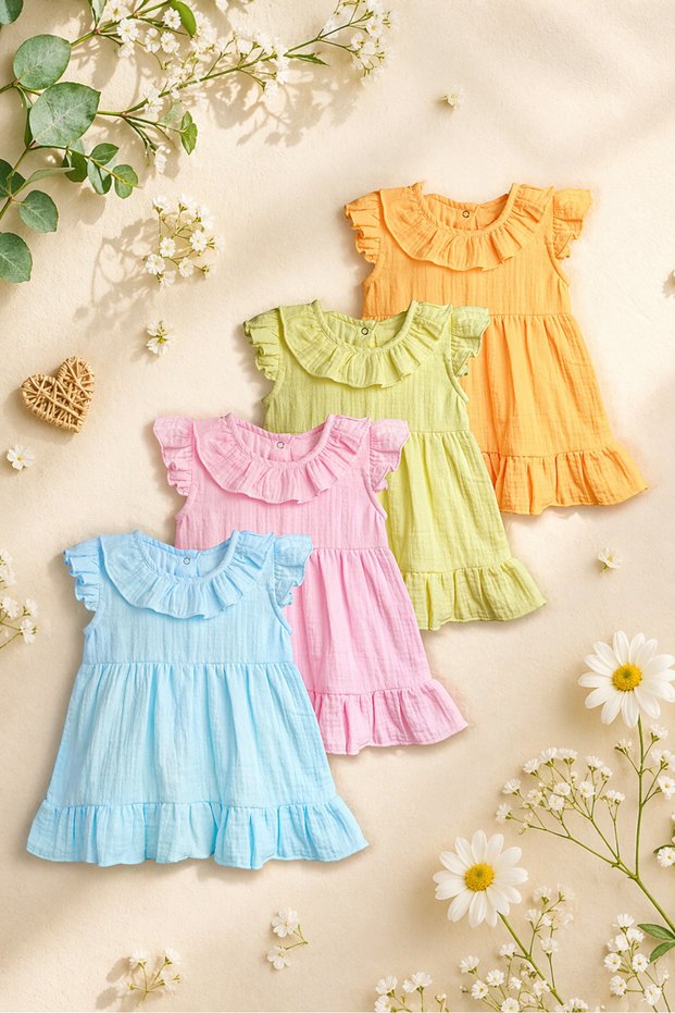 100% Organic Cotton Baby Frock, with Frills, Cute and Trendy Summer Dress for Babies (Pack of 4)