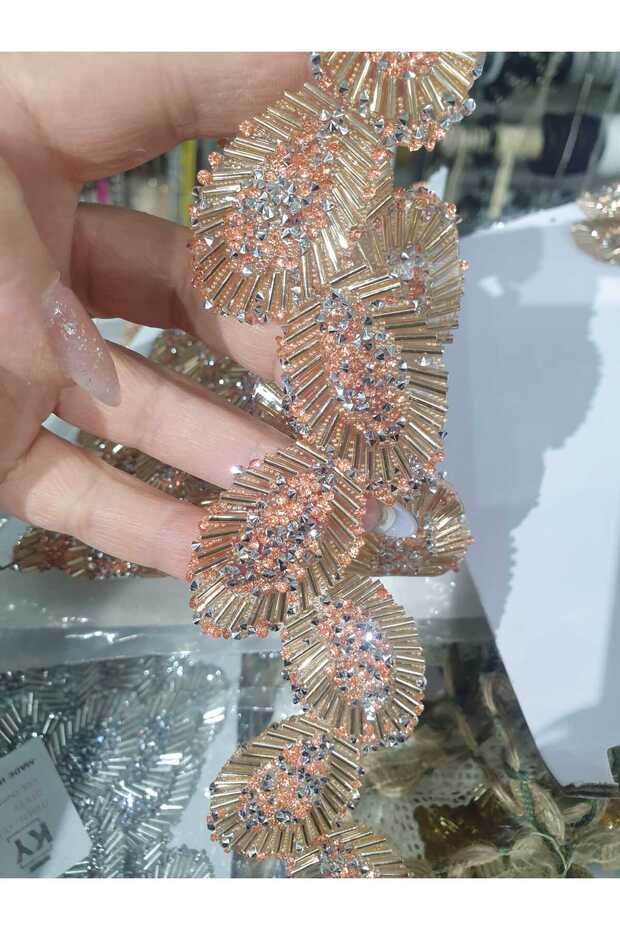 Iron-On Rose Color Leaf Pattern Stoned Decorative Strip Accessory