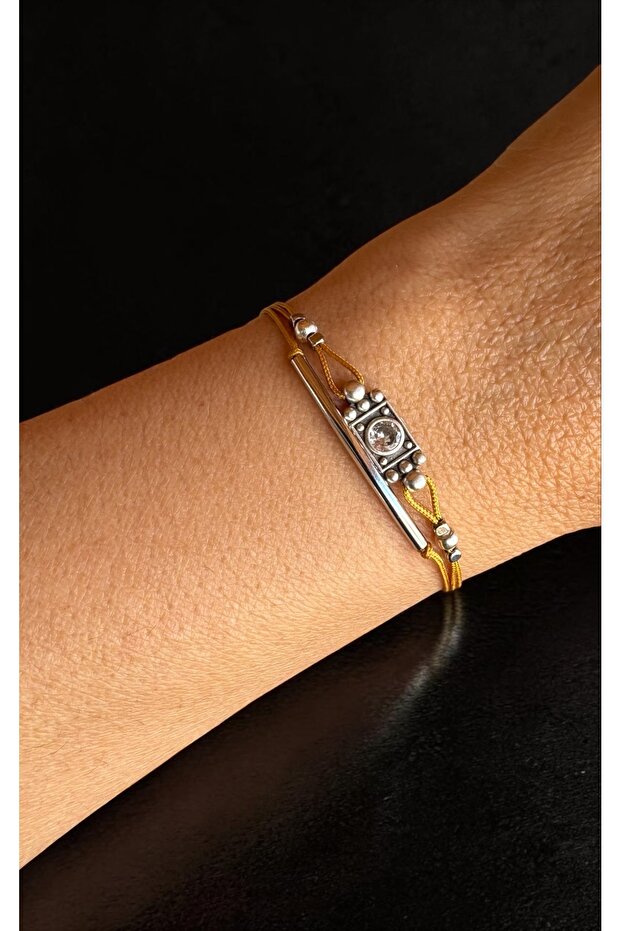 Bensei̇ Double Adjustable Bracelet Set with Brass Accessories, Rope, Gold Color