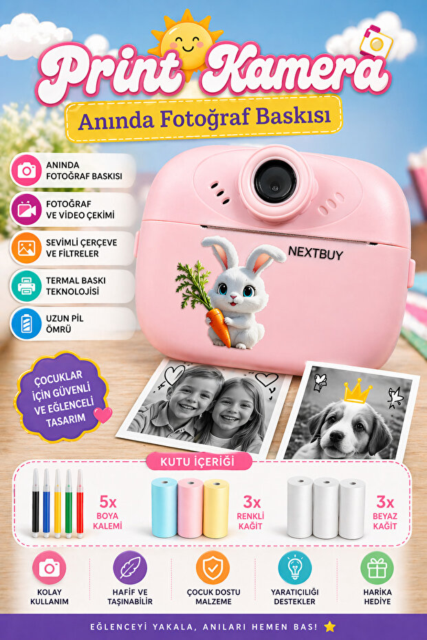 İTHALCİM Print Camera Çocuk Fotoğraf Makinesi Dijital HD Video Kamera Anlık Termal Resim Kağıt Baskılı Yazıcı