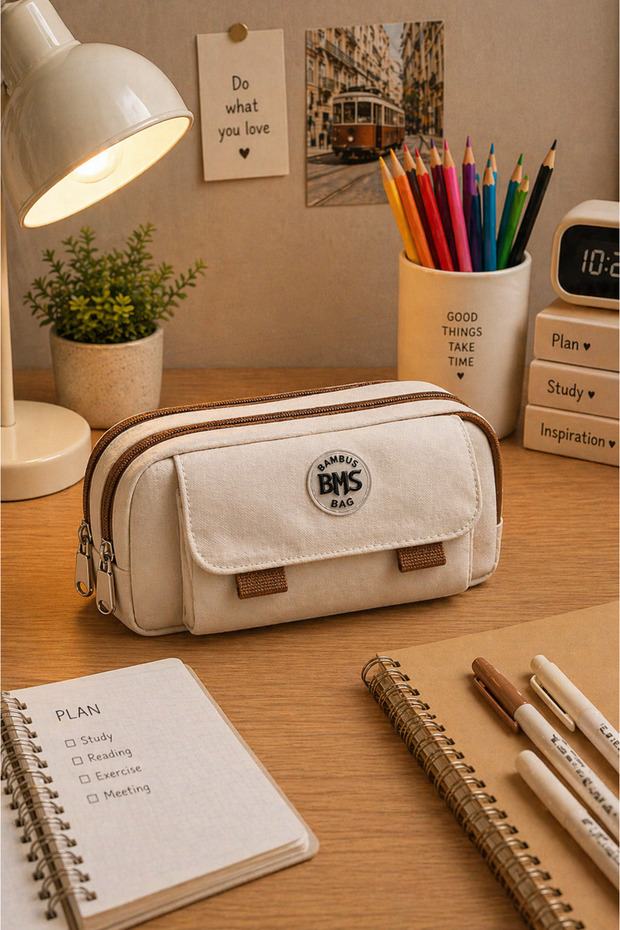 Large Capacity Student/Office Supplies Fabric Pencil Case Pen Holder with Pocketed 3 Compartments on the Front