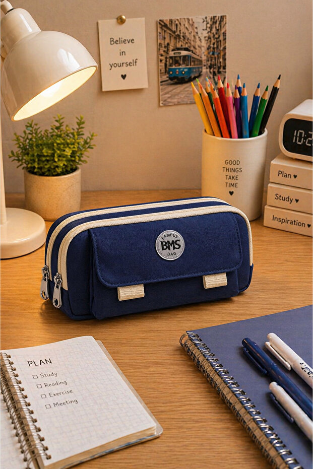 Large Capacity Student/Office Supplies Fabric Pencil Case Pen Holder with Pocketed 3 Compartments on the Front