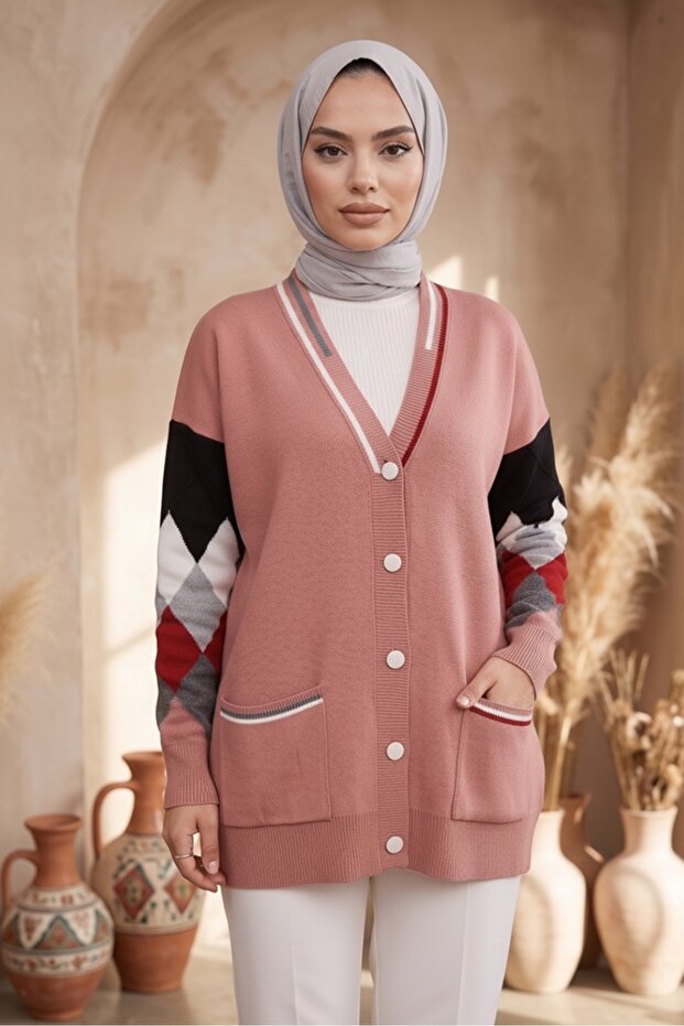 Baklava Pattern Knitwear Cardigan 1243 - Dried Rose