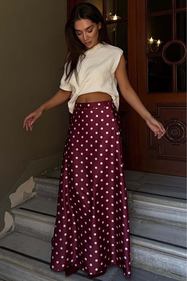 Burgundy Polka Dot Maxi Women's Satin Skirt Mg2725