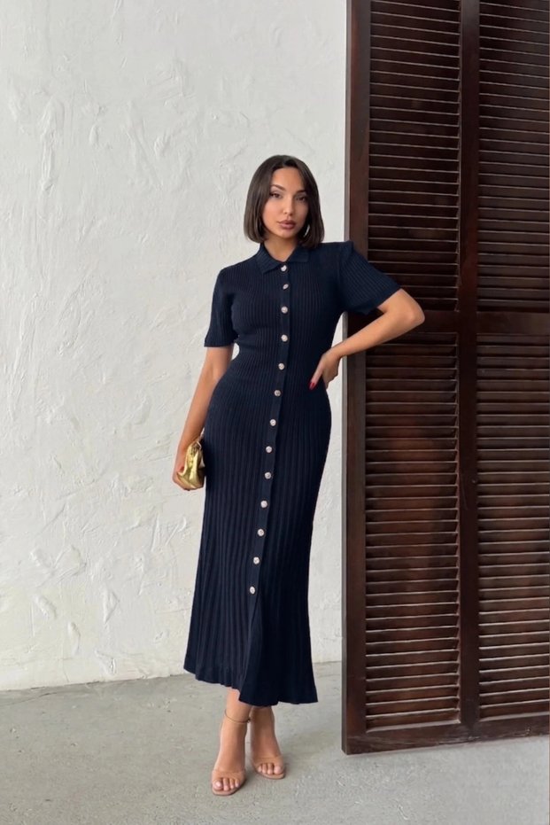 Women's Navy Blue Buttoned Summer Fabric Short Sleeve Polo Collar Long Knitwear Dress