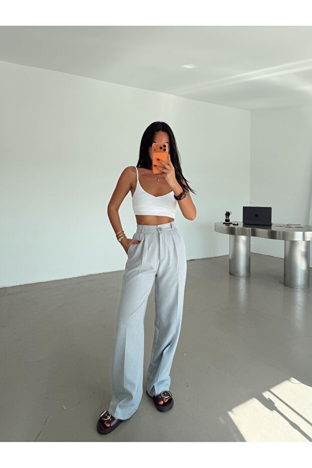 Linen Trousers with Elastic Waist at the Back - Gray
