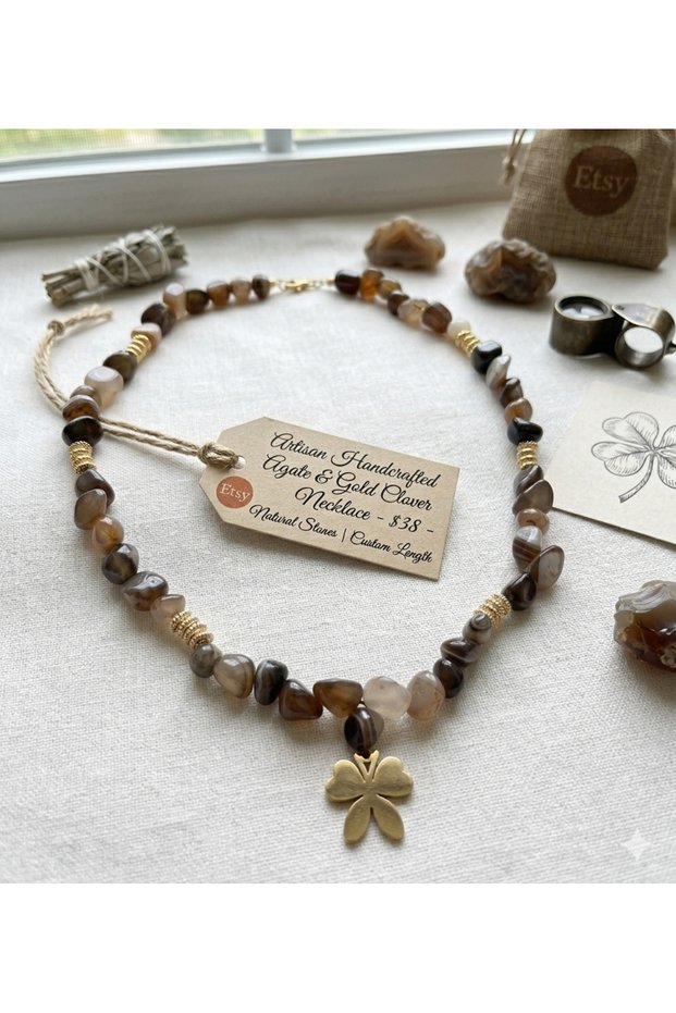 Natural Stone Agate Pendant with Steel Clover Closures, Steel Women's Necklace, Gift.