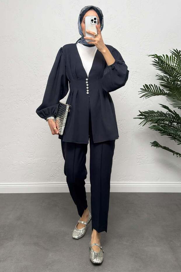 V-Neck Pleated Detail Set 0077 - Dark Blue