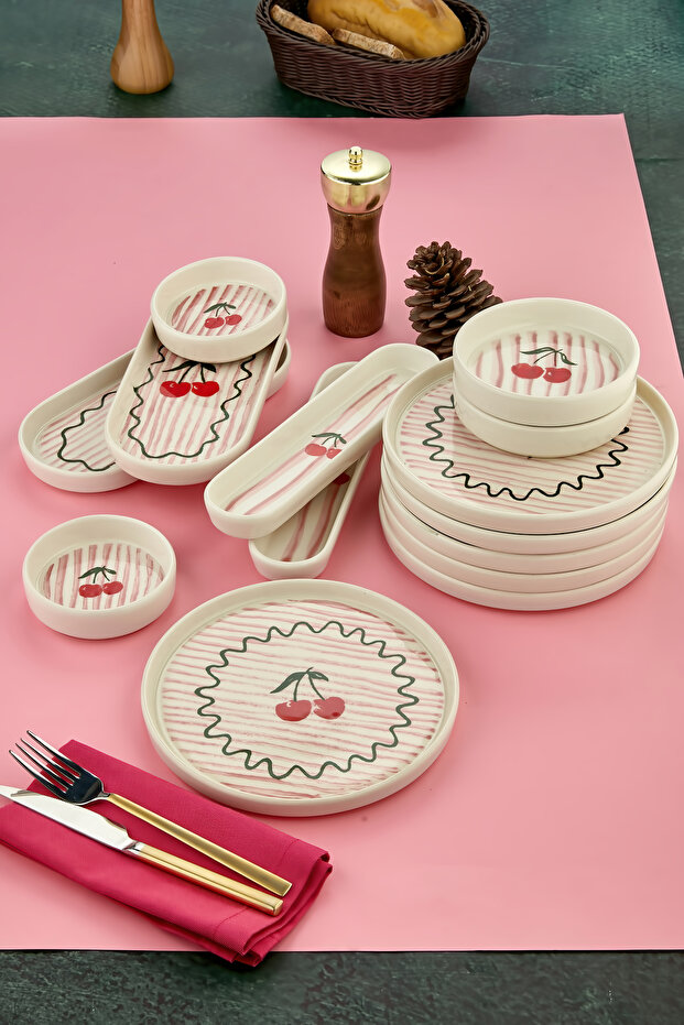 14 Piece Cherry Patterned Breakfast Presentation Set and Serving Plates Pink Striped Cherry Pattern Breakfast Set