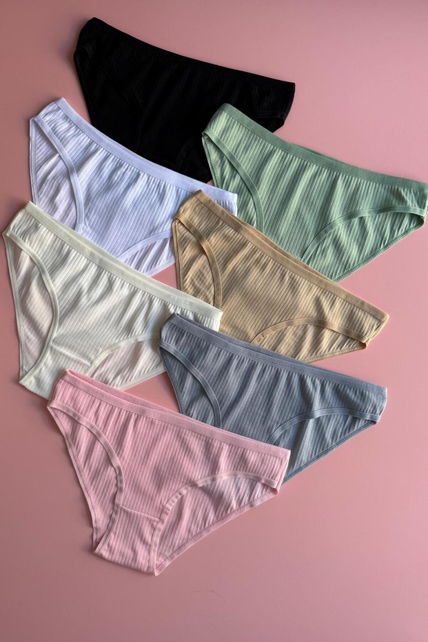 Women's 7-Pack Cotton Skin, Ecru, Black, Pink, Soft Blue, Green, and White Colored Ribbed Flexible Triangle Slip Panties