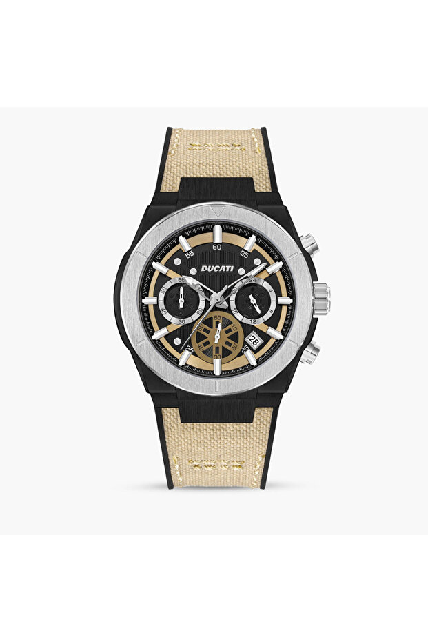 DT004 Men's Chronograph Watch with Beige Textured Dial, Contrast Accents, Genuine Leather Str