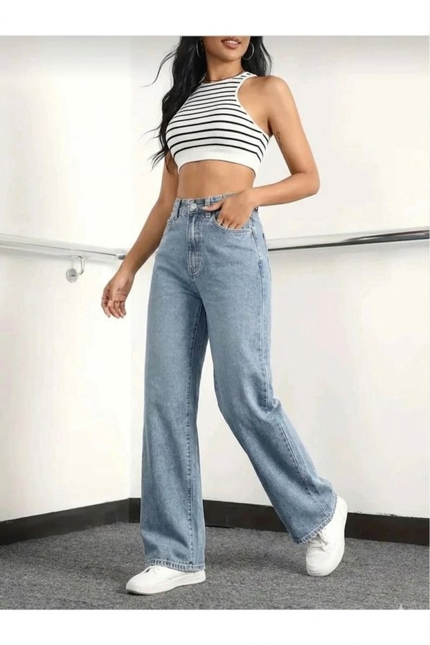 Emilia Women's Ice Blue Flare Jeans Lycra High Waist Spanish Leg Denim Jeans
