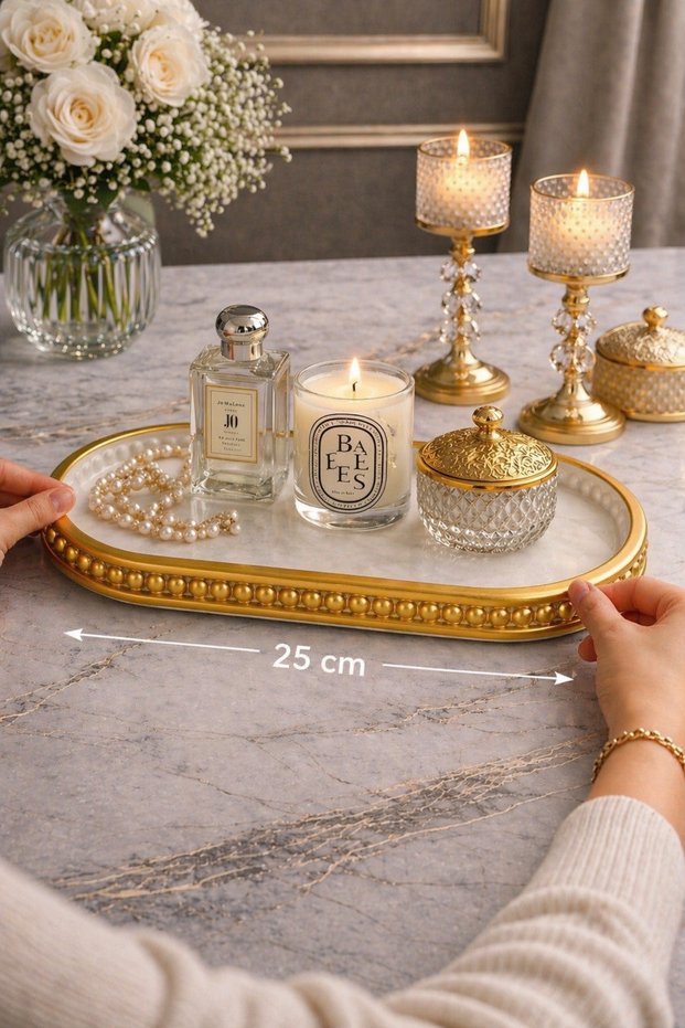 Decorative Oval Tray Gold Varnished 25 cm Handmade Stone Powder Living Room & Jewelry Organizer Luxury Presentation