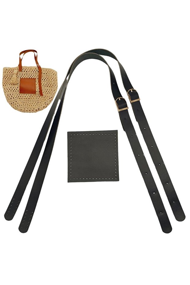 Bag Accessory Real Leather Pocket Adjustable Double Handle Bag Set Black Color Light Gold Metal