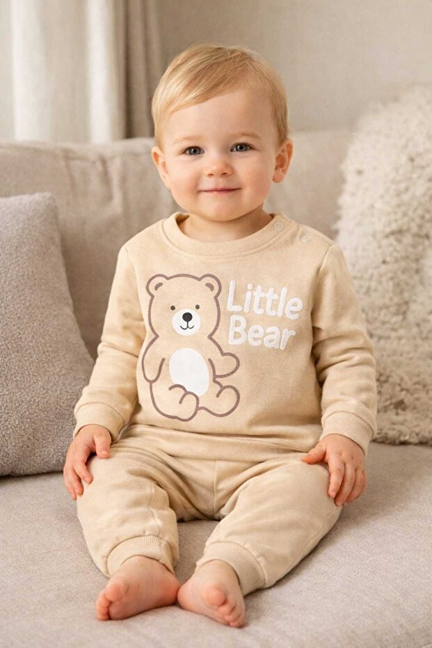 Unisex Baby Beige Little Bear Printed 100% Cotton 2-Piece Top and Bottom Set
