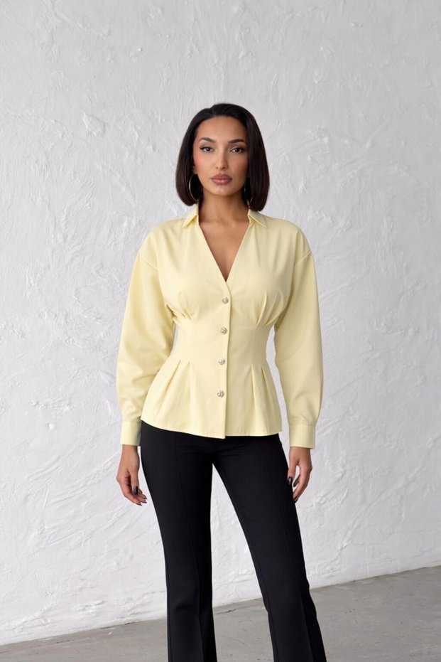 Women's Lemon Yellow Buttoned V-Neck Shirt with Pleated Waist and Pencil Detail