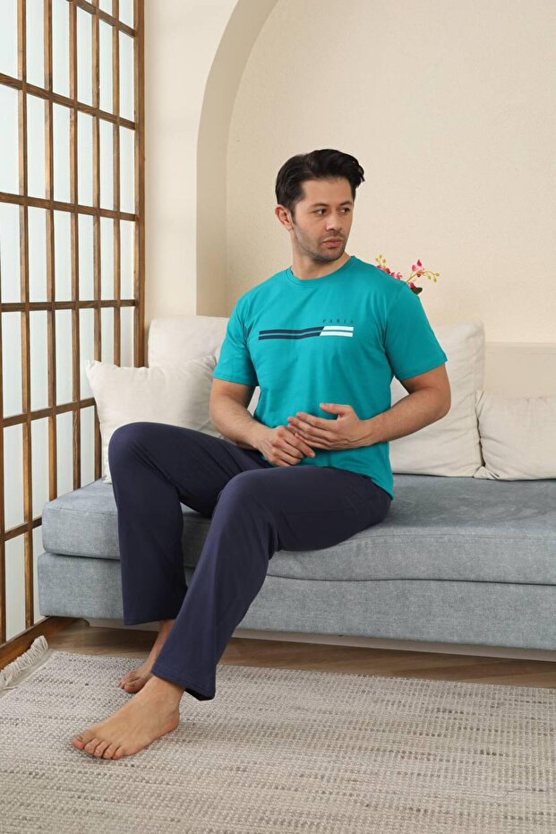 100% Cotton Short-Sleeve Men's Pajama Set with Pocket Details