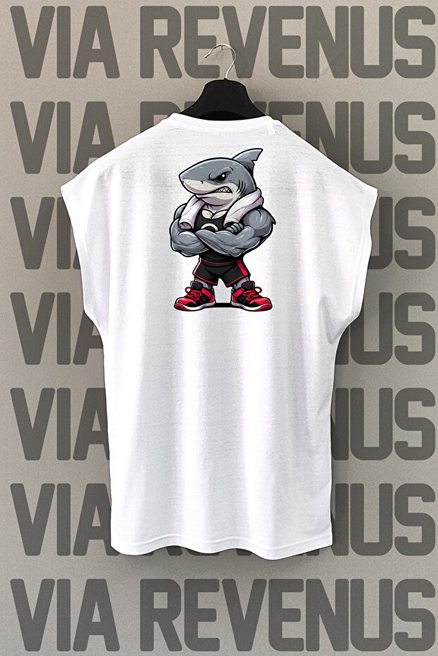 Shark Back Printed Zero Sleeve Crew Neck Sports Tshirt