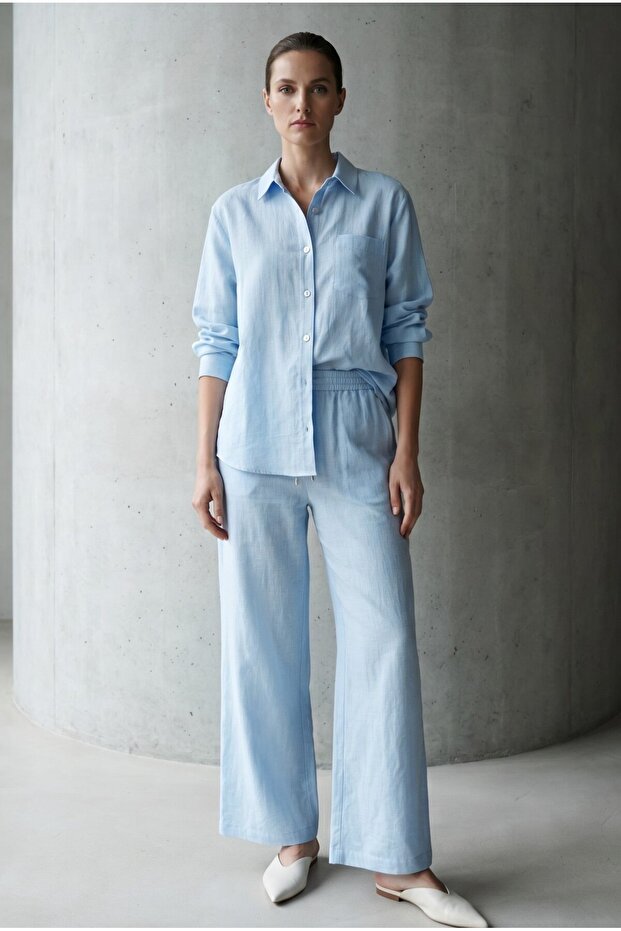 Women's Linen Look Shirt and Palazzo Trousers Set Oversized Comfortable Stylish Combination