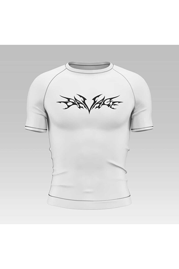 Yokedwear Savage Compression Dar / Slim Bisiklet Yaka Tişört kırık beyaz Unisex Genç