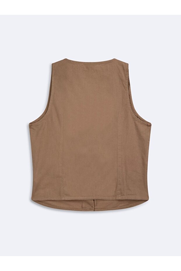 V-Neck Buttoned Basic Brown Vest - 2