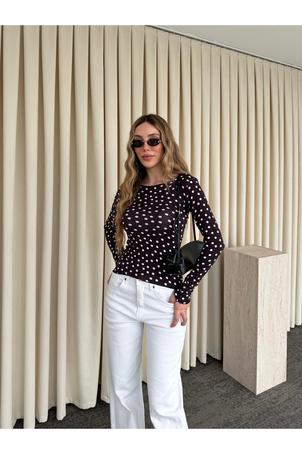 Brown Boat Neck Polka Dot Blouse - 0668
