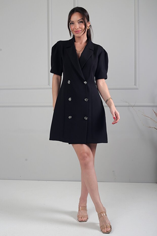 Women's Double-Breasted Collar Self-Tied Double Crepe Short Jacket Dress