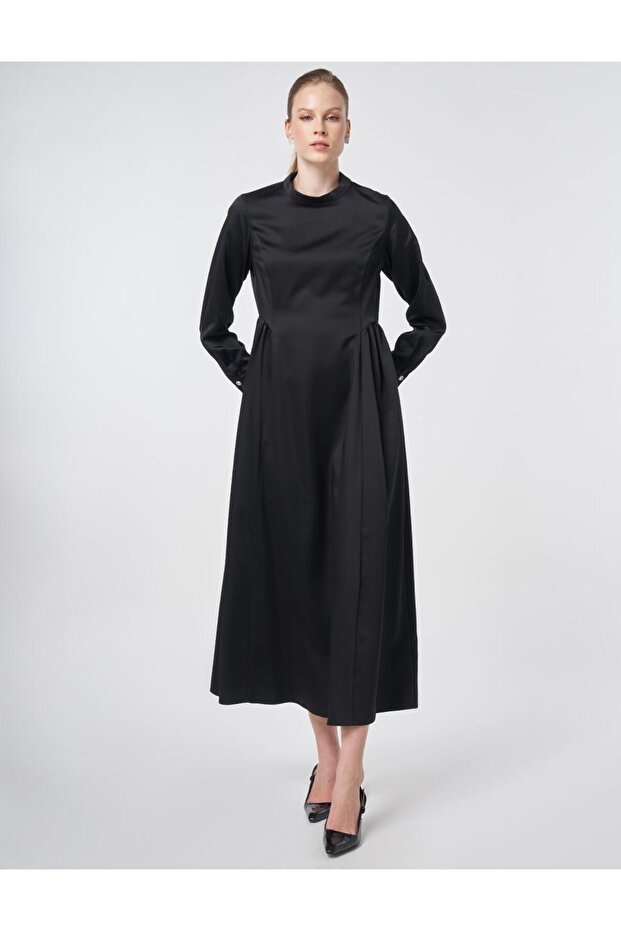 Pile Detailed Satin Dress Black