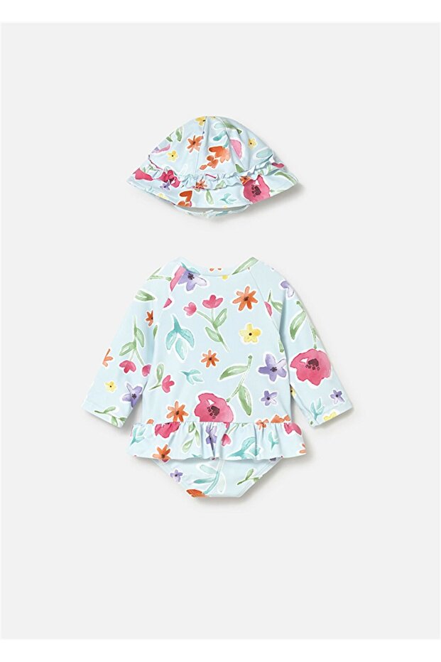 Baby Girl Patterned Long Sleeve Swimsuit Hat Set Light Blue 1634