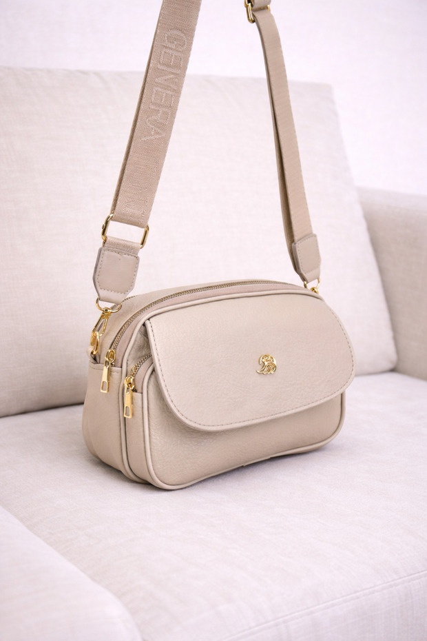 Women's Beige Leather Cover 3-Compartment Crossbody Shoulder Bag with Adjustable Textured Strap Daily Stylish Mini Bag