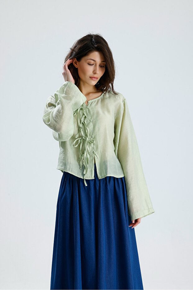 Women's çağla tencel fabric blouse with lace-up detail and button closure 31043