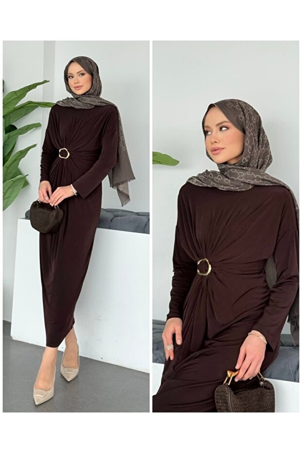 Medium Buckle Detail Sandy Fabric Dress