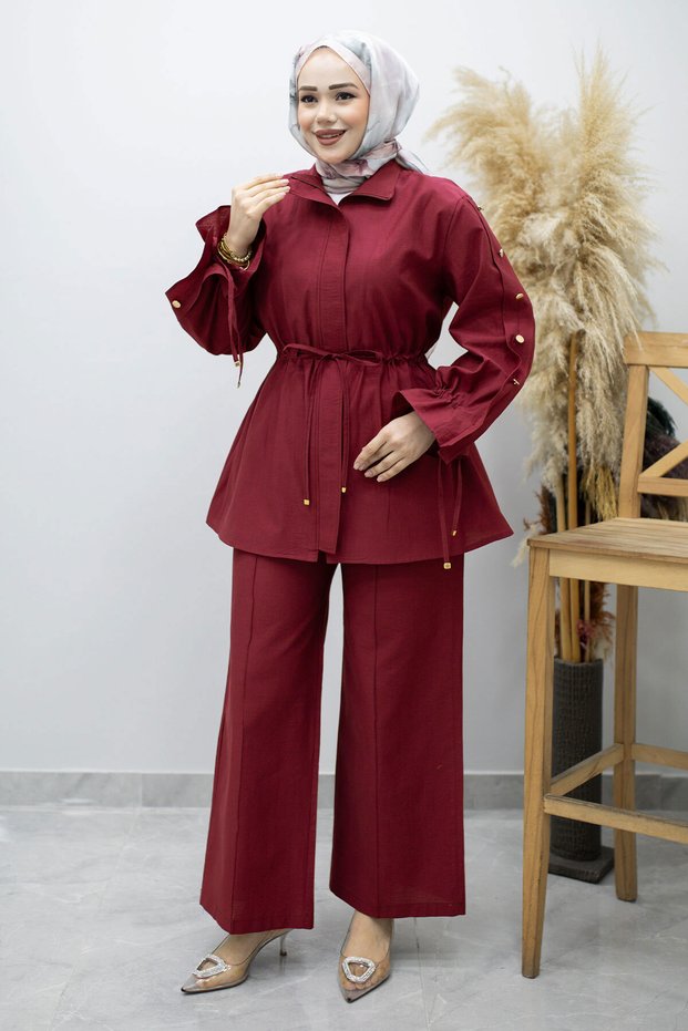 Sleeve Button Detailed Gathered Double Suit Tsd260183 Fuchsia