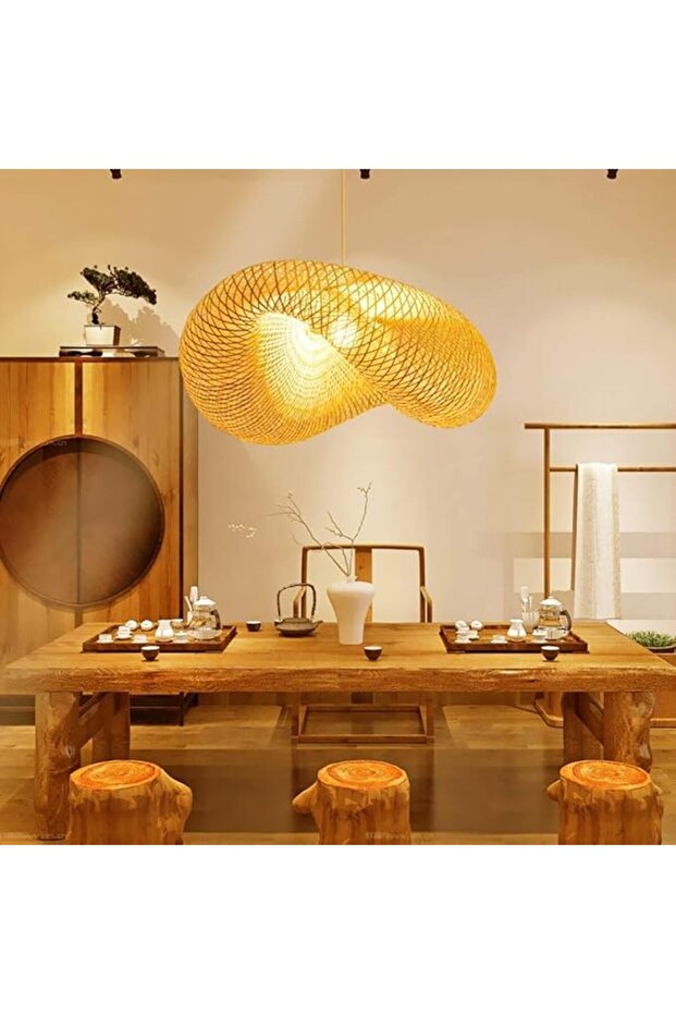 Modern Bamboo Woven Pendant Light, Cloud Shape Design, Asian Style Hanging Lamp for Dining Room