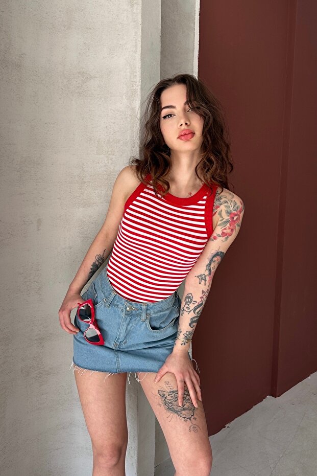 Cycling Collar, Thick Striped Bib, Flexible Camisole Fabric, Striped Sleeveless Long Tank Top