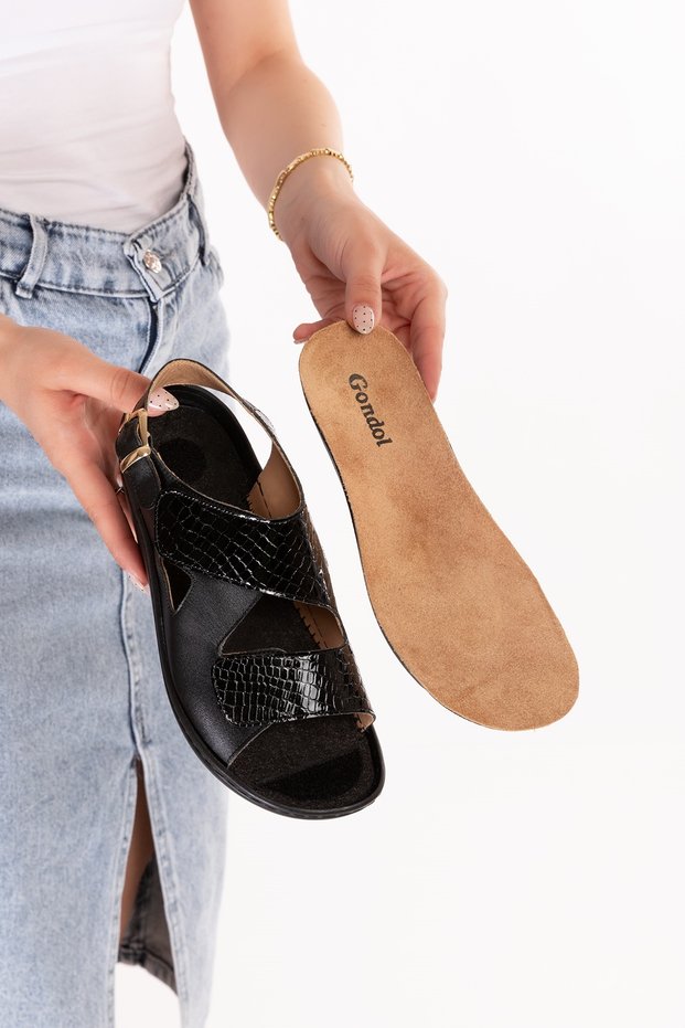 Women's Genuine Leather Special Orthopedic Comfortable Sandals with Removable Soles Yprk.460 Black Honeycomb