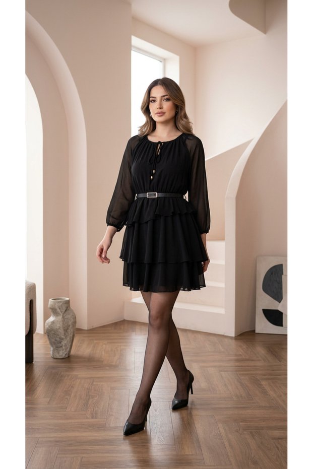 Women's Belted Layered Chiffon Dress Long Sleeve Stylish Casual and Event Dress