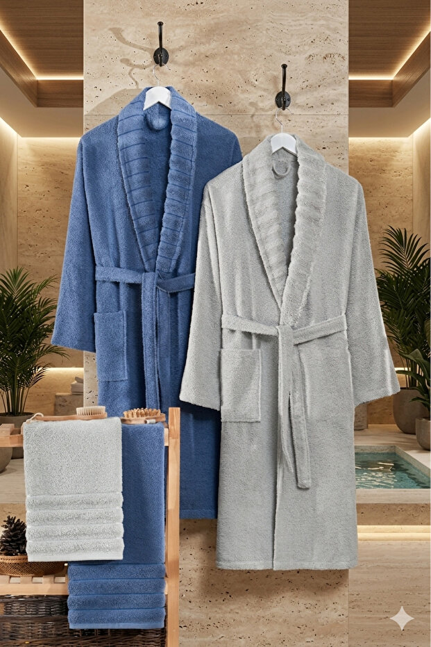 4 Piece 100% Cotton Shawl Collar Bathrobe and Head Towel Set - Premium Soft Textured Bathrobe Set