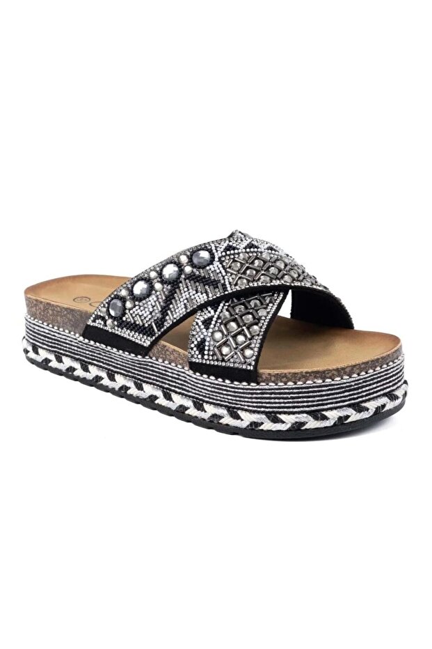 26Y222 Women's 36/41 Stone Cross-Strapped Cork Sole Premium Slippers